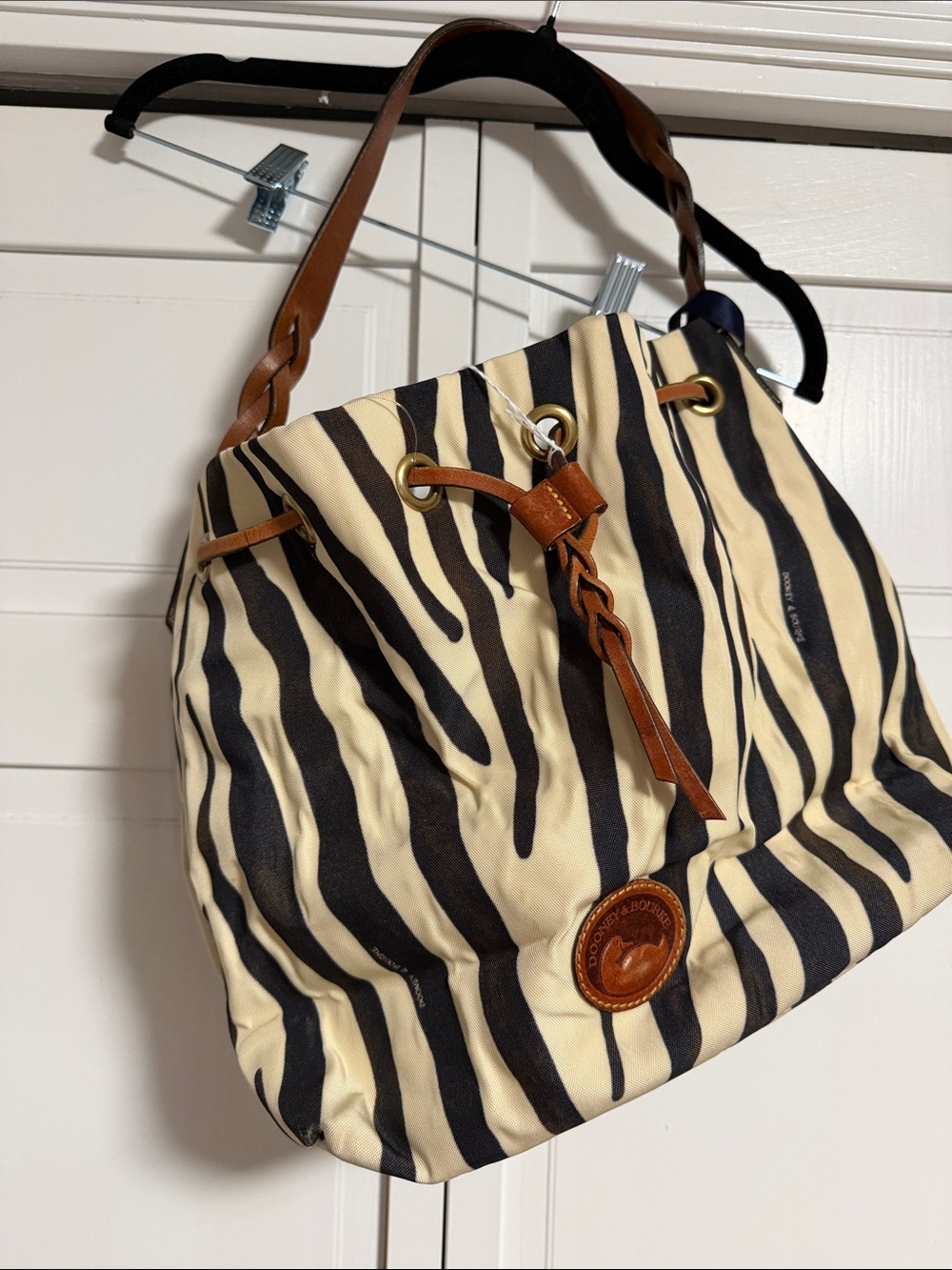 Dooney & Bourke Black and Cream Zebra Drawstring Shoulder Bag